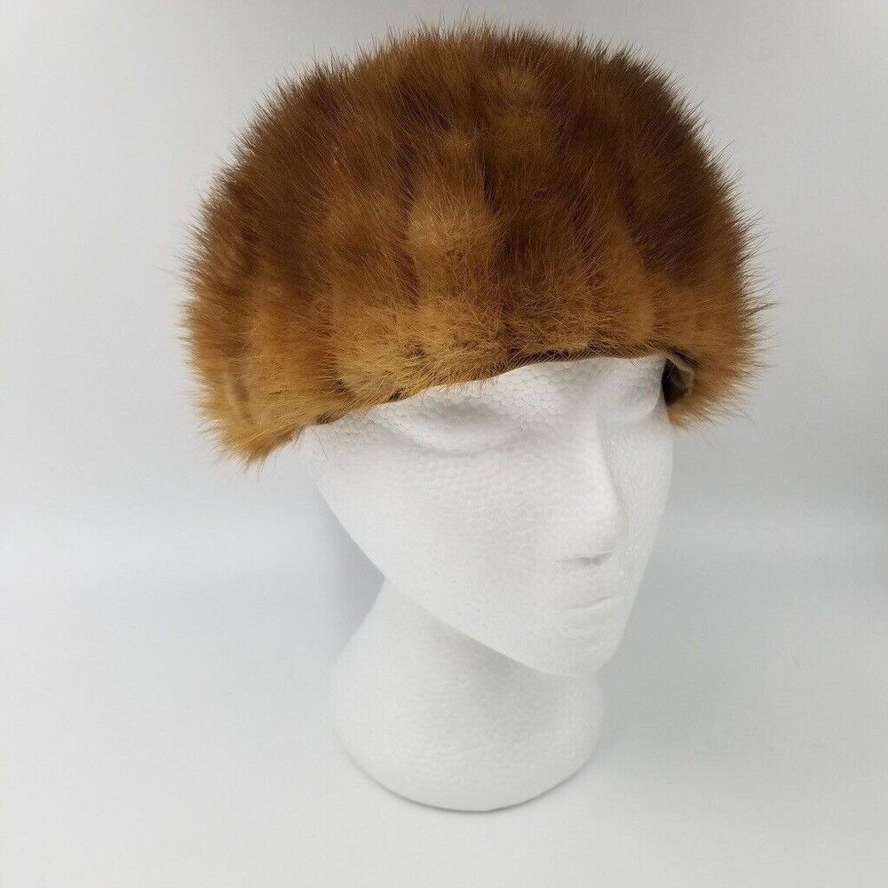 Vintage 60s Miss Alexis Mink Hat Fitted Beanie Brown Fur 7"